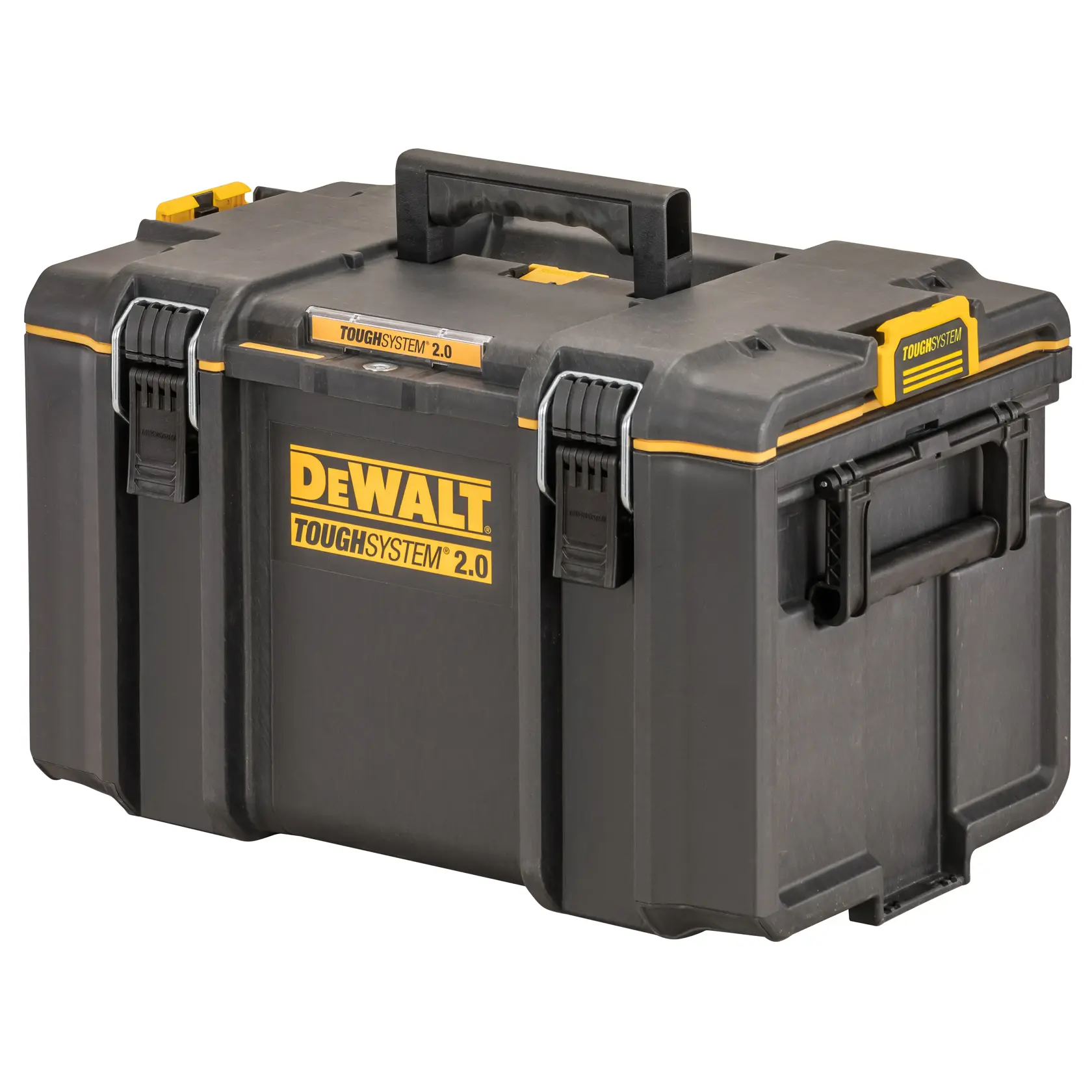 Boîte à outils noire DEWALT ToughSystem 2.0 avec poignées et fermetures pour un transport sûr.