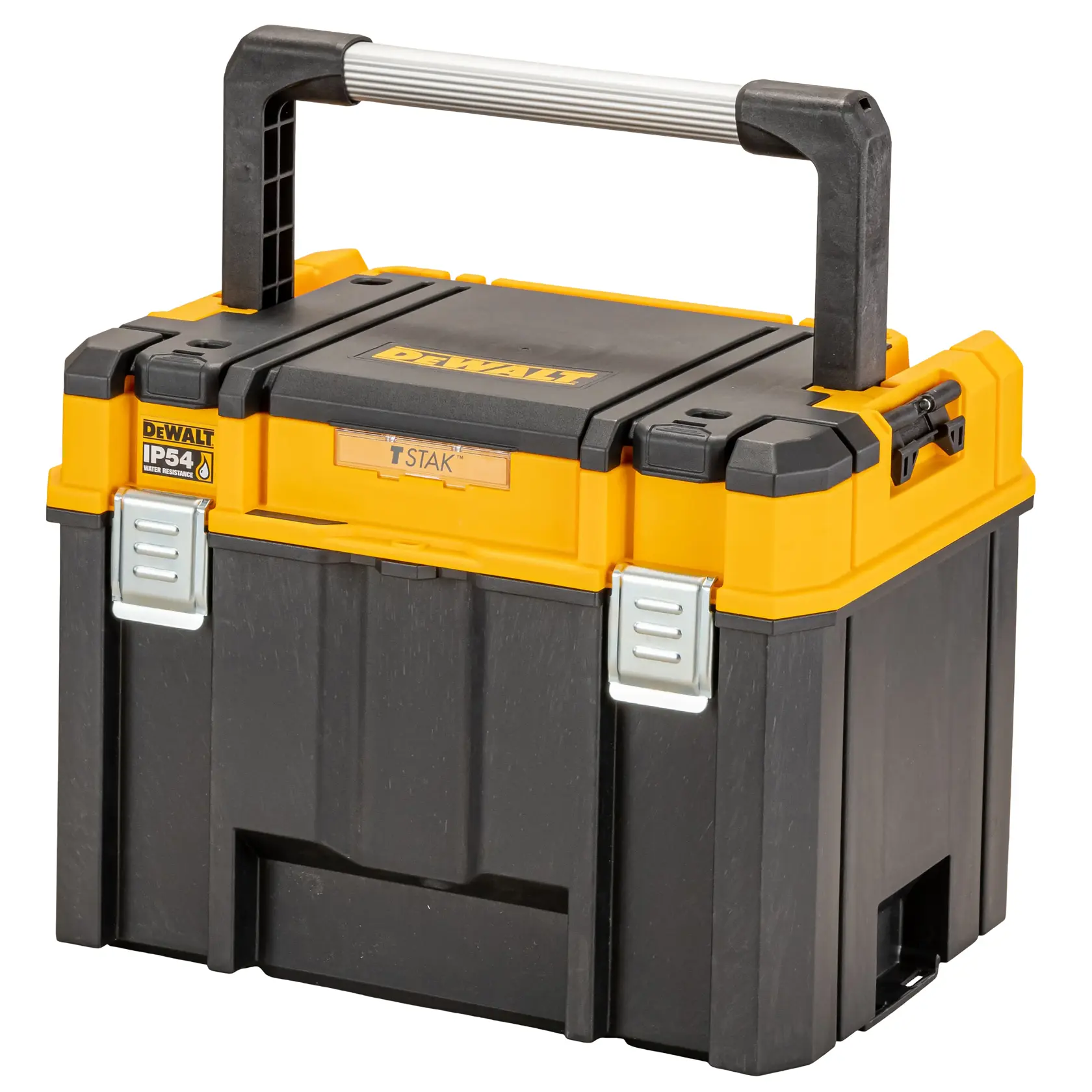 Boîte à outils DEWALT noire et jaune avec poignée robuste et fermetures métalliques.