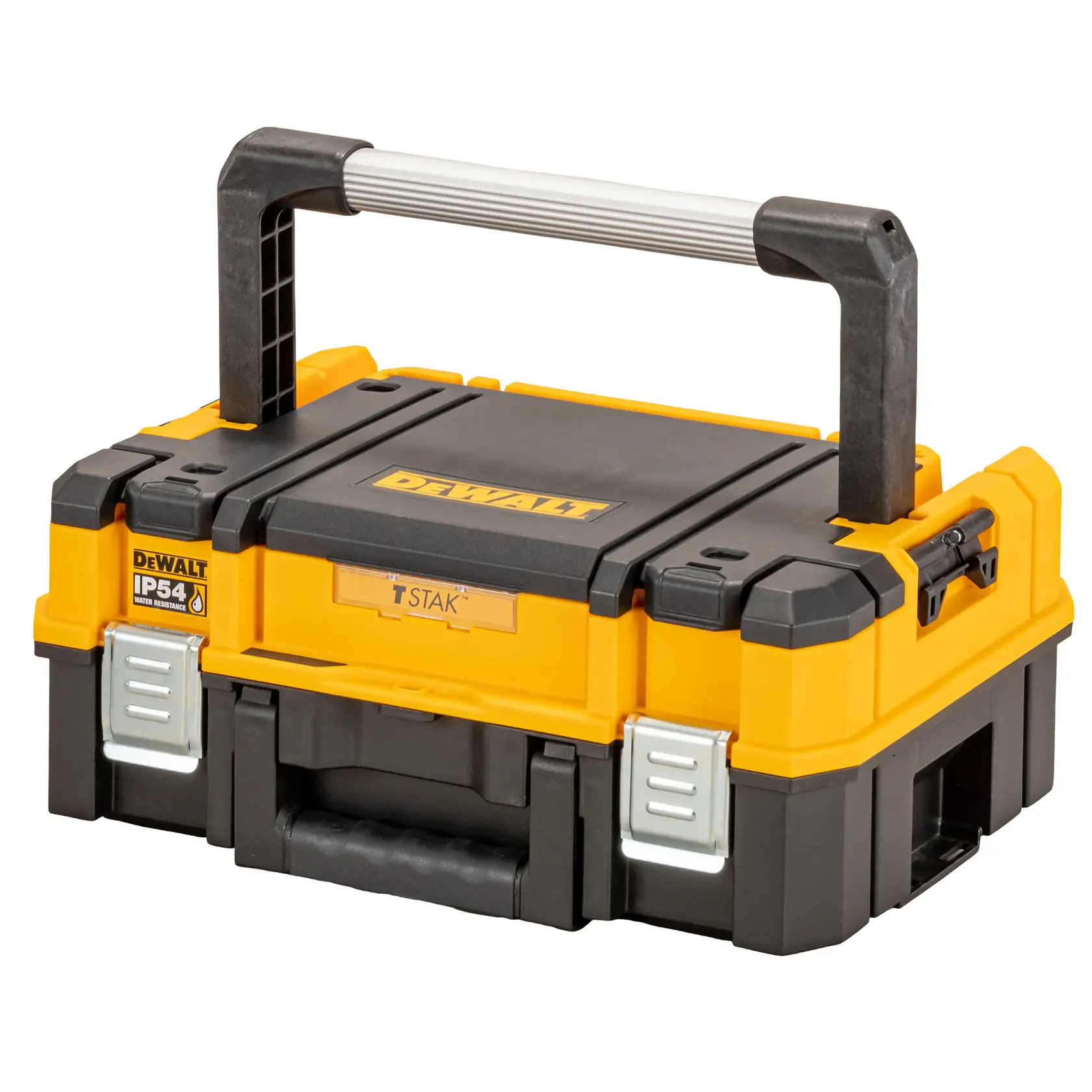 Boîte à outils DEWALT DWST83344-1 jaune et noire avec poignée robuste et loquets, adaptée au rangement.