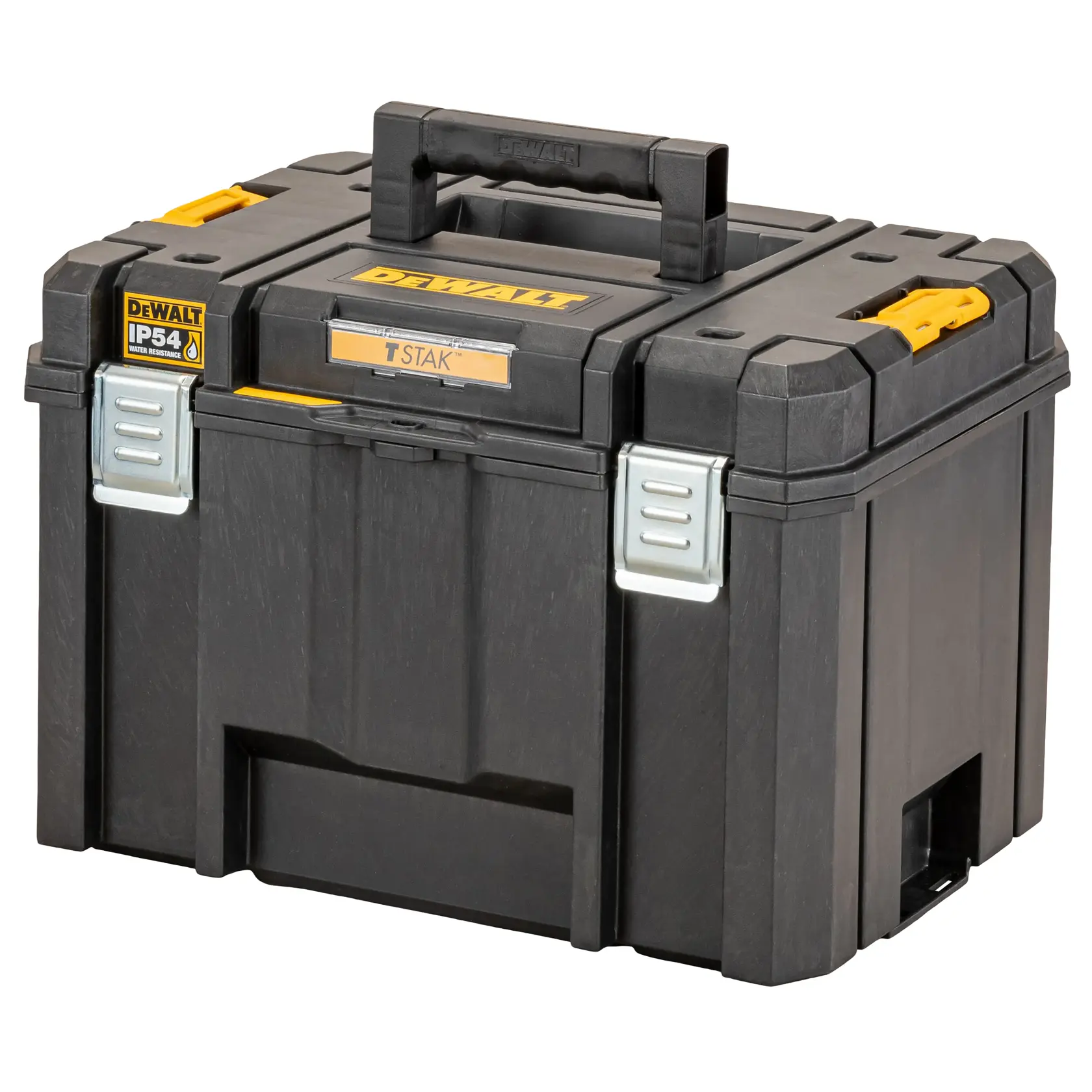 Boîte de rangement DEWALT TSTAK noire avec accents jaunes, poignée solide et label IP54 résistant à l'eau.