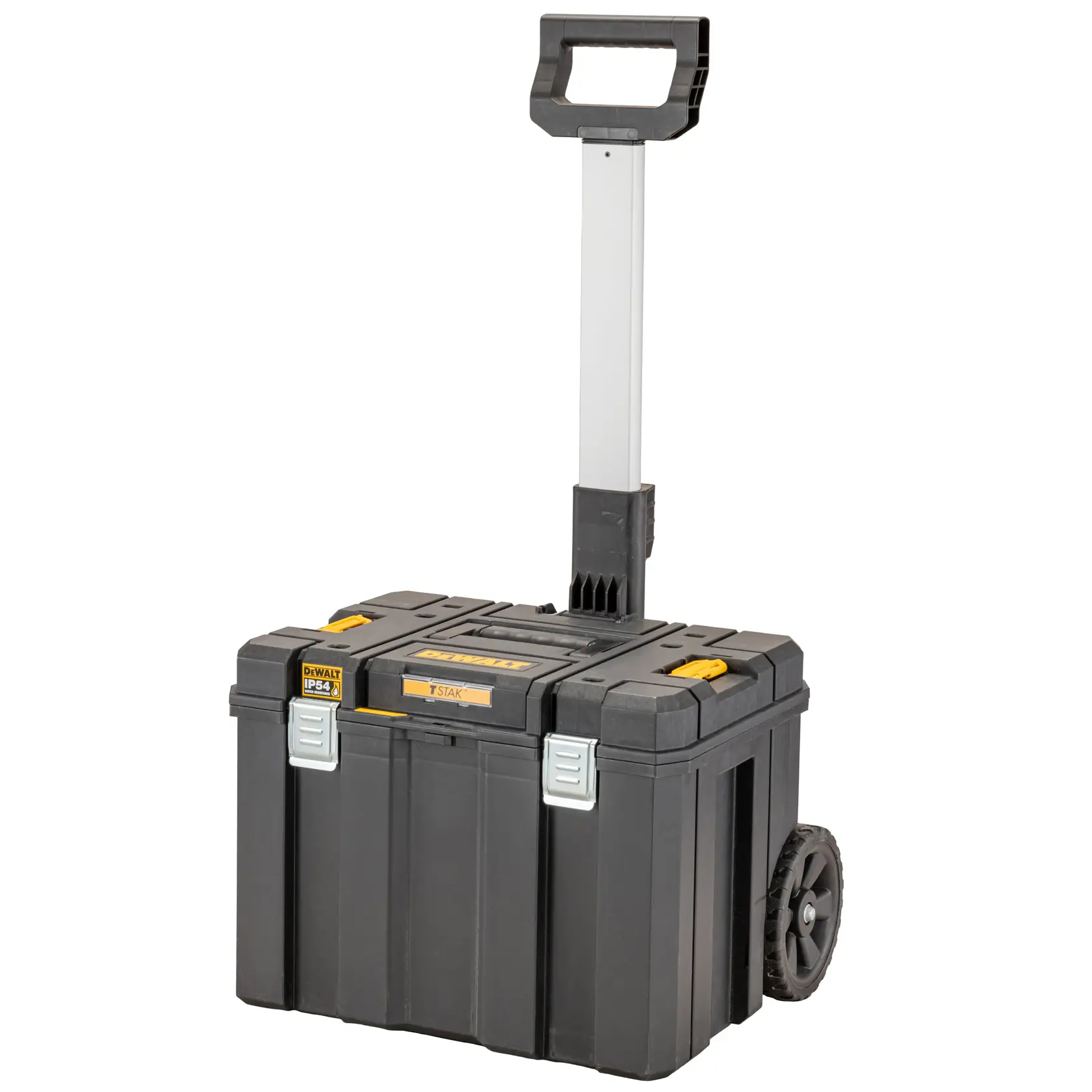 Boîte à outils DEWALT à roulettes noire avec poignée, design robuste pour ranger et transporter des outils.