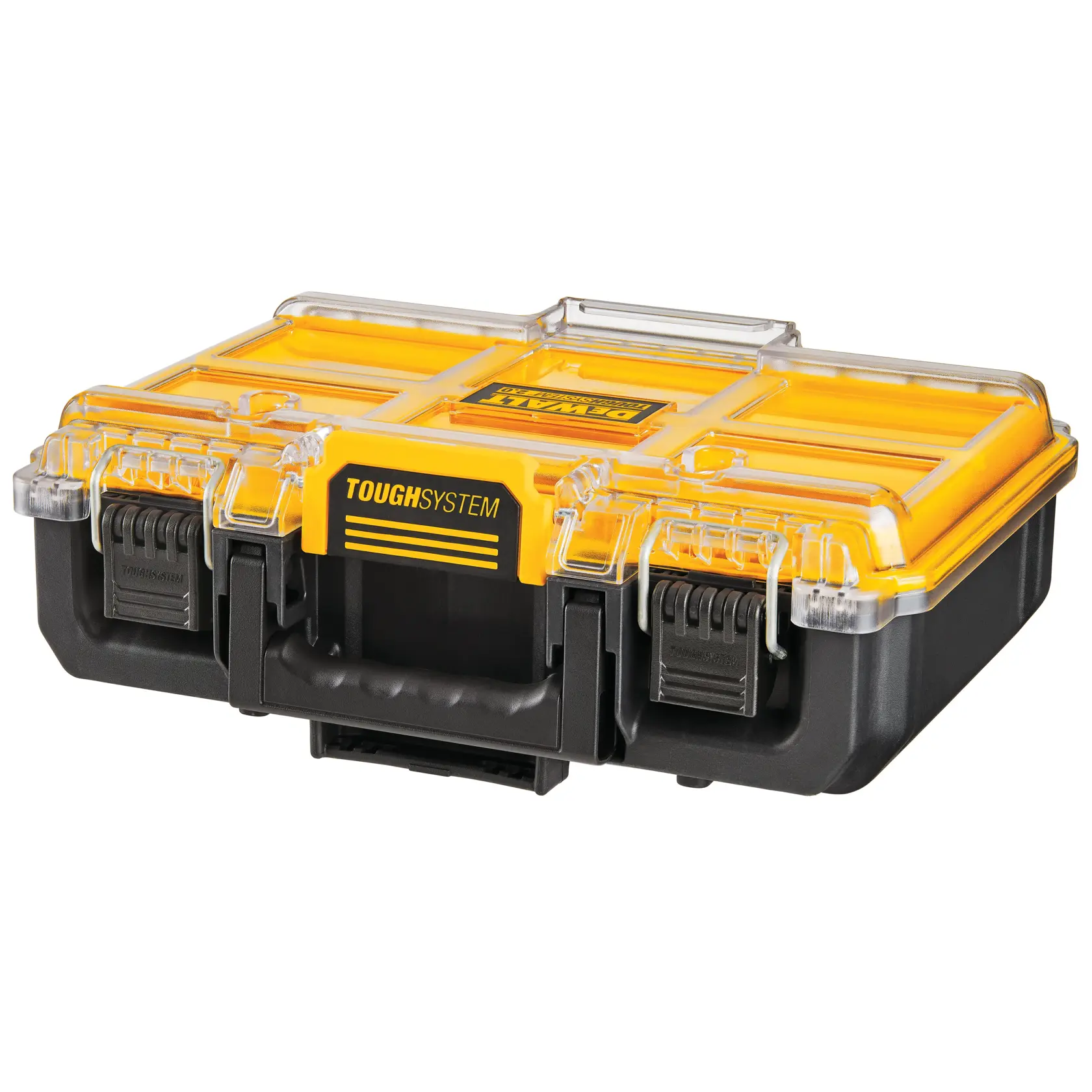 Boîte à outils DEWALT ToughSystem robuste avec couvercle jaune, loquets transparents et base noire.