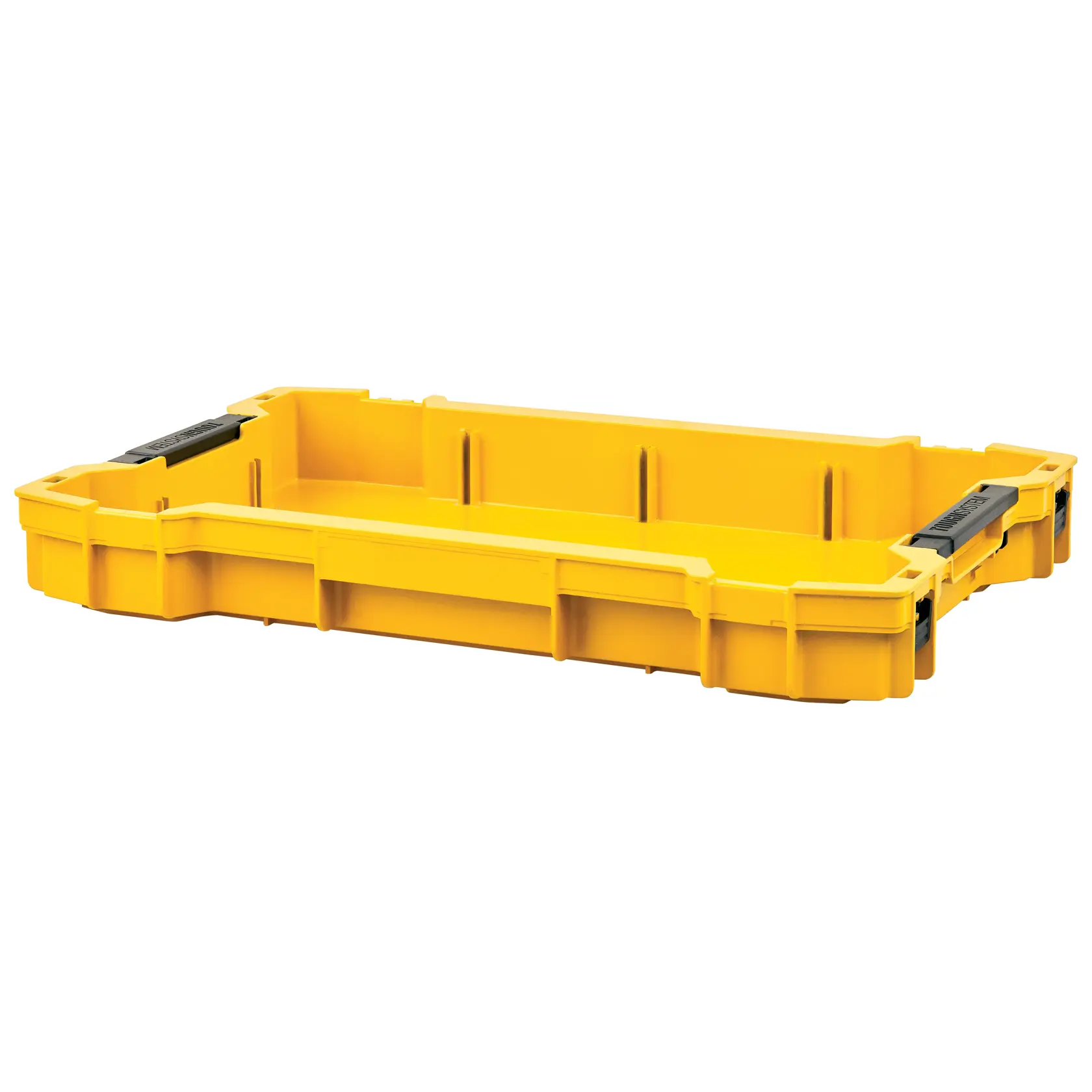 Plateau à outils DEWALT jaune avec poignées noires, montré vide sur fond blanc.