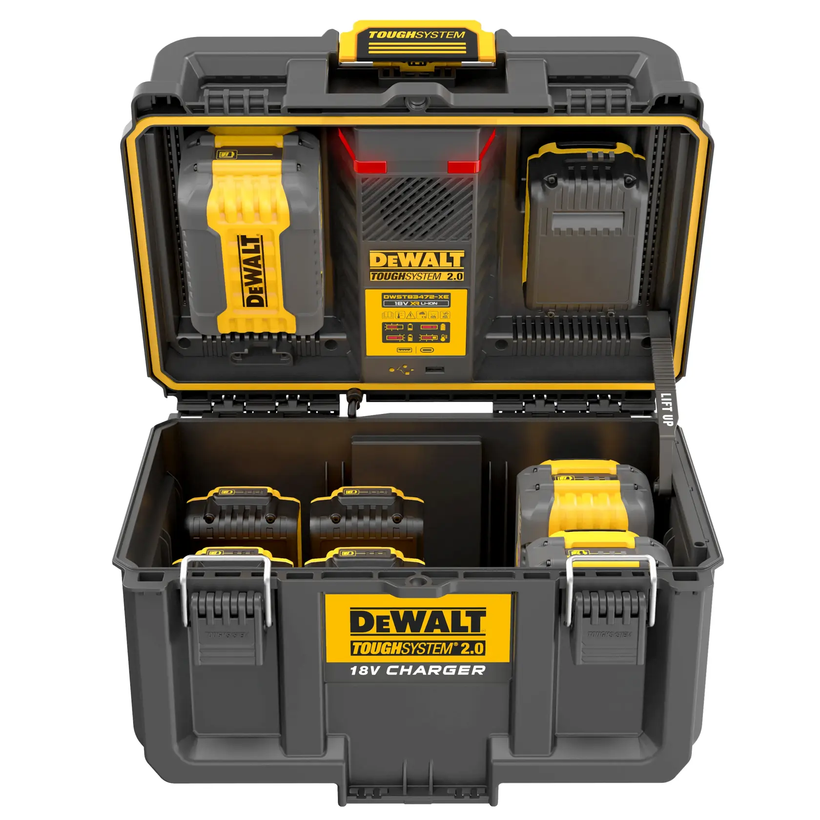 Boîtier chargeur DEWALT ToughSystem 2.0 avec plusieurs emplacements pour batteries et design jaune-noir.