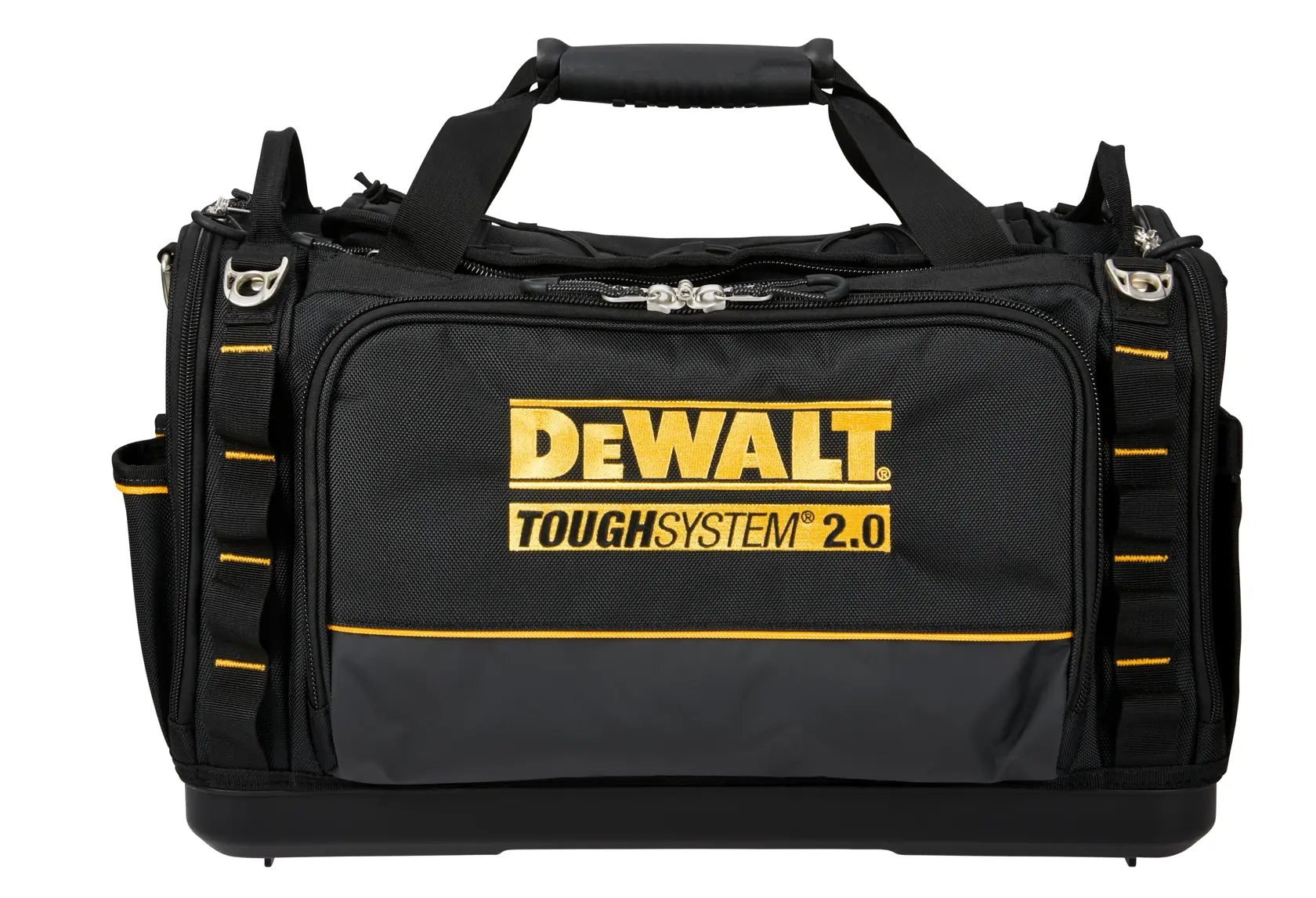 Sac à outils DEWALT ToughSystem 2.0 noir avec accents jaunes, doté de plusieurs compartiments de rangement.