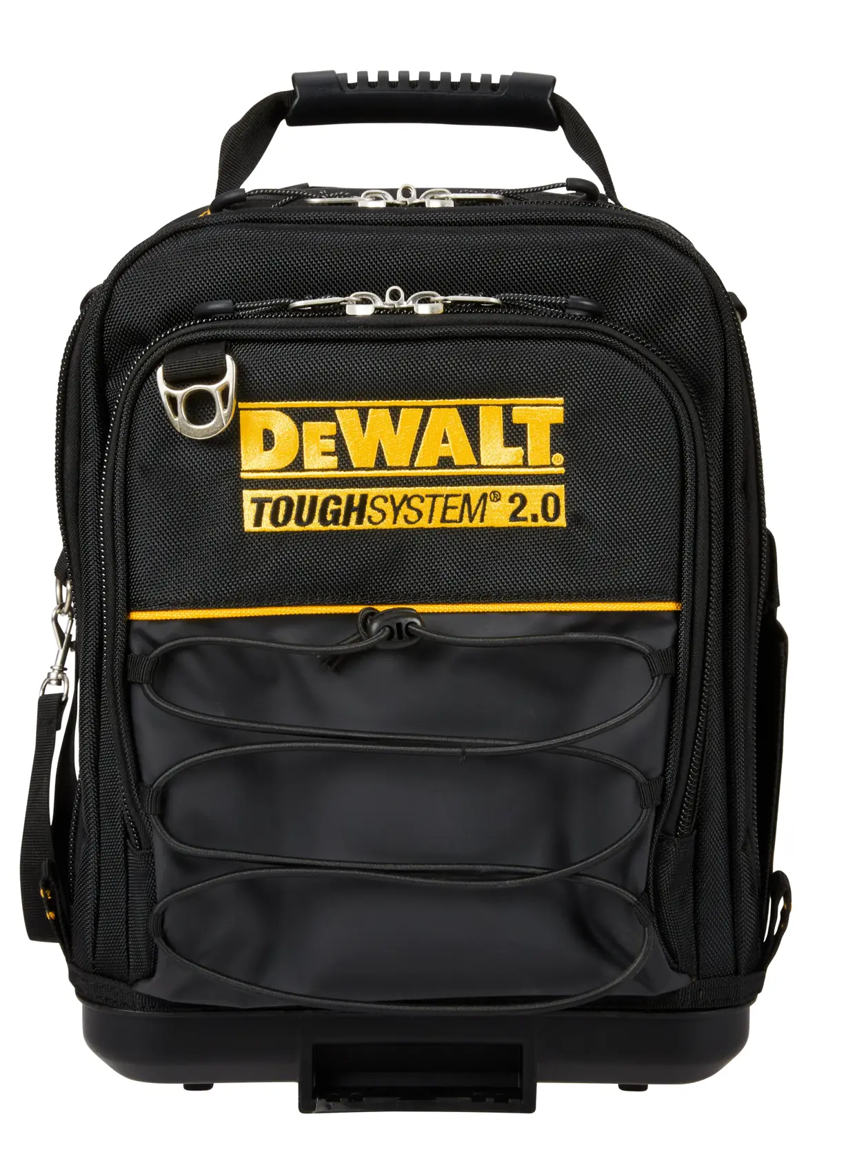 Sac à dos noir DEWALT ToughSystem 2.0 avec logo jaune et plusieurs compartiments zippés.