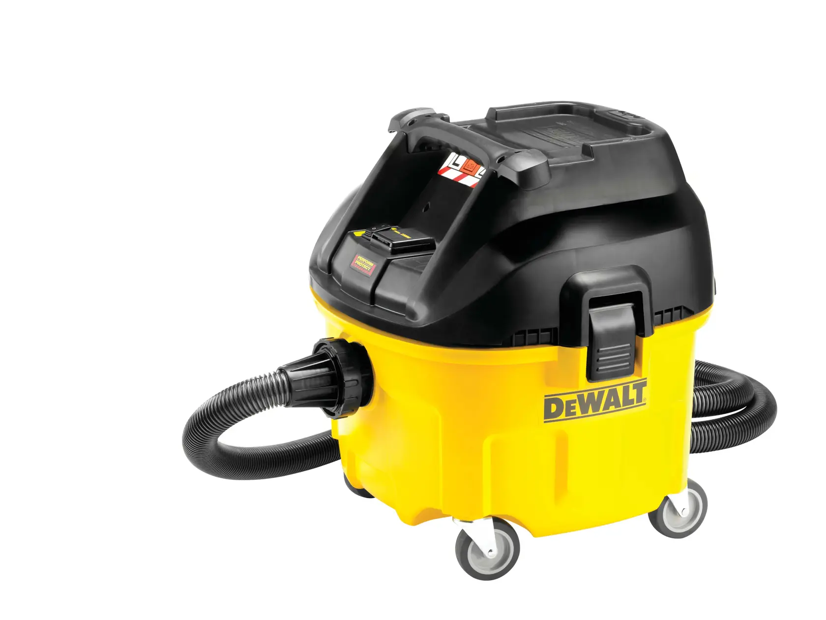 Aspirateur eau et poussière DEWALT jaune et noir avec roues et tuyau sur fond blanc.
