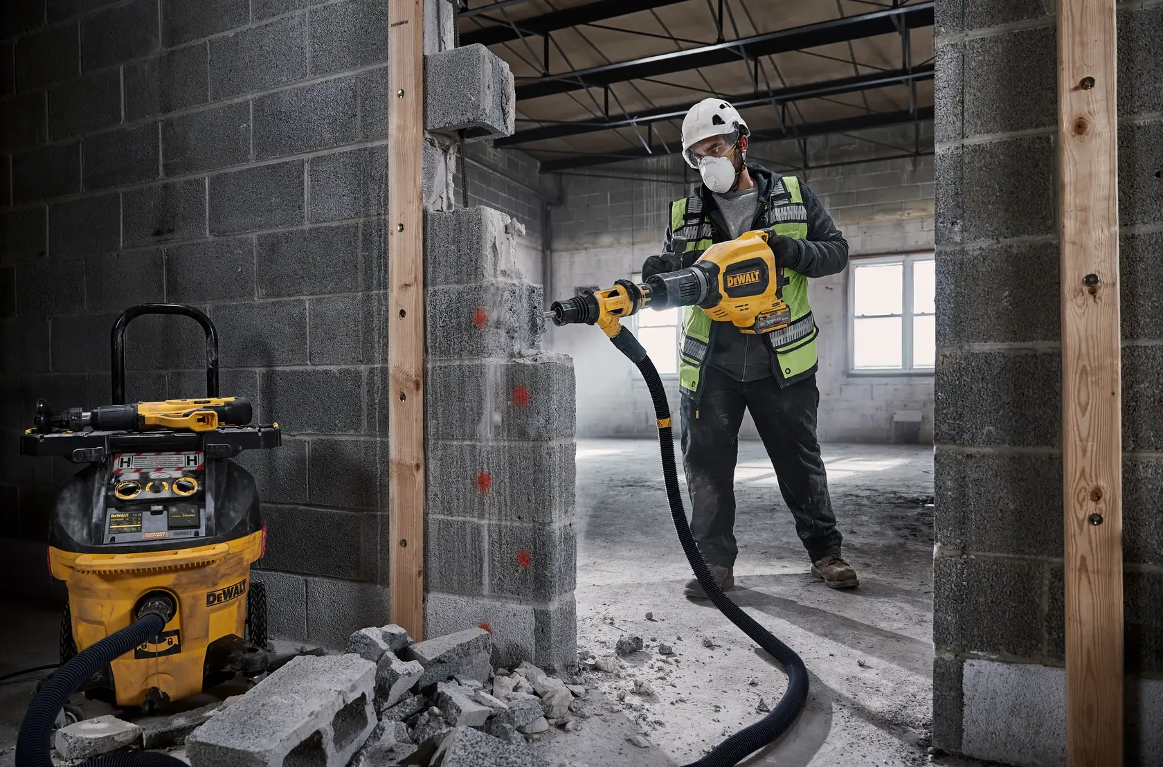 Worker uses DEWALT DWV905H vacuum and drill to demolish a concrete wall at a construction site.