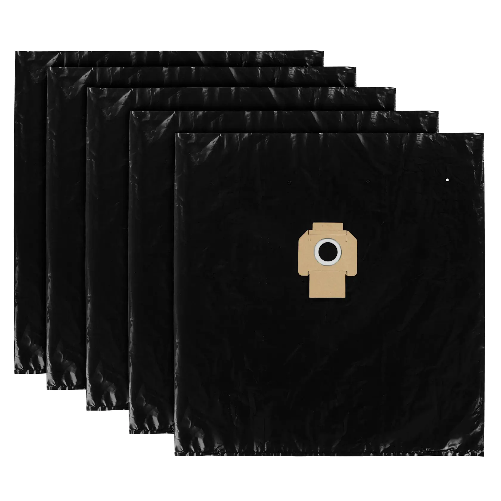 Ensemble de cinq sacs à poussière noirs DEWALT avec col en carton et ouverture ronde au centre.