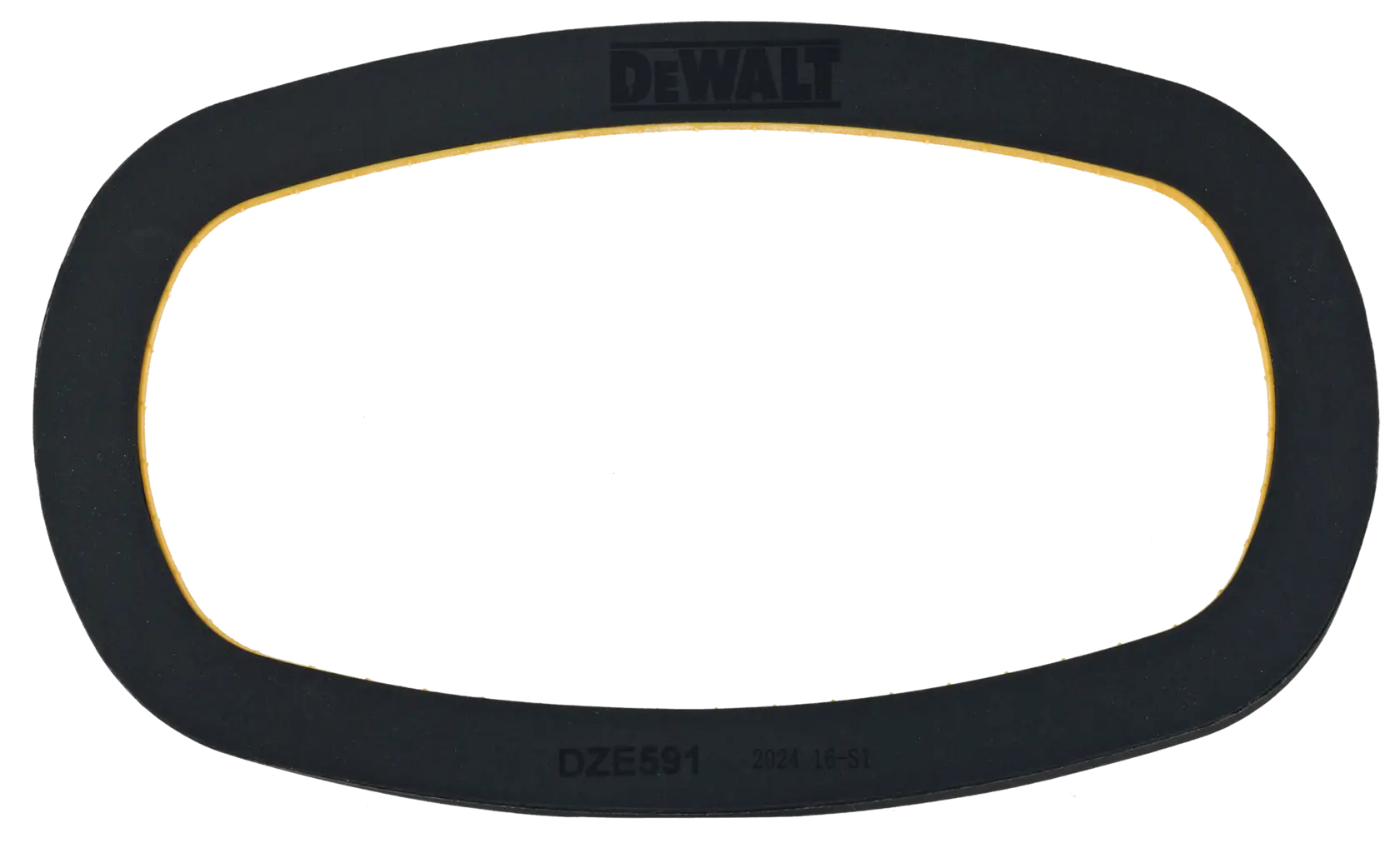 Joint ovale noir DEWALT avec bord jaune, référence DZE591, utilisé pour matériel photographique.